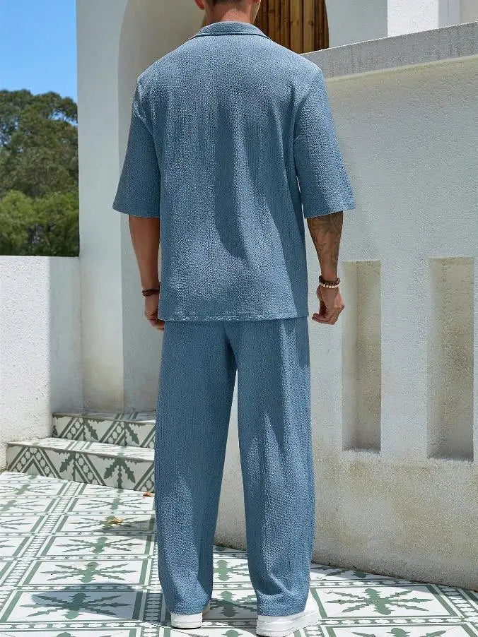 New Spring summer Men's retro casual suit collar solid color half-sleeved shirt loose drawstring pants Two-piece beach Suit