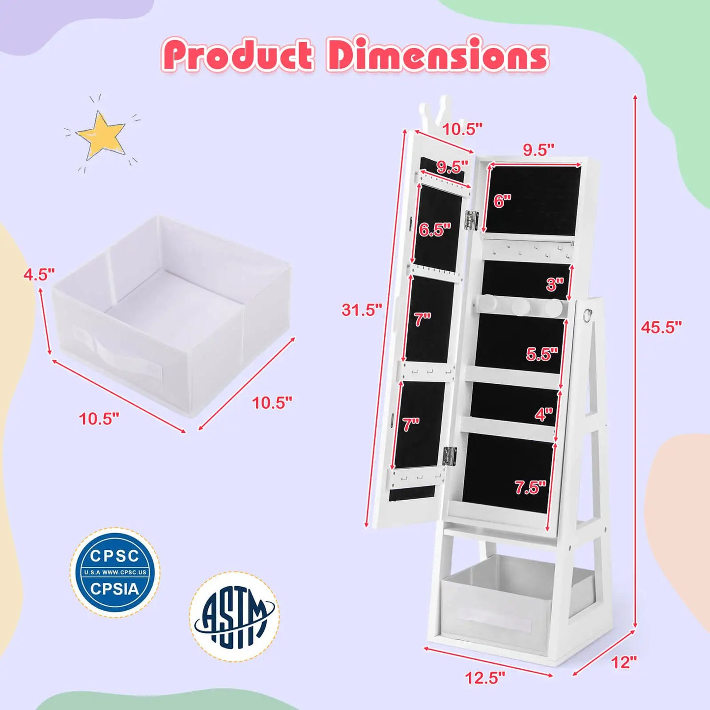Kids Jewelry Cabinet w/ Full-Length Mirror Foldable Drawer Anti-toppling System