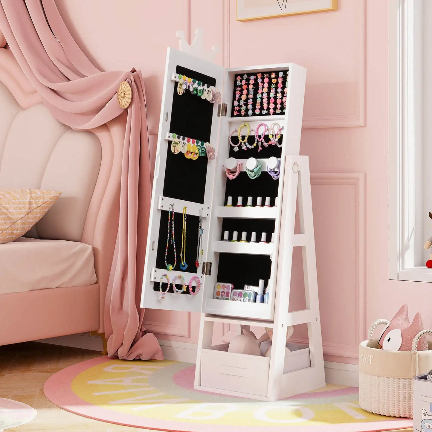 Kids Jewelry Cabinet w/ Full-Length Mirror Foldable Drawer Anti-toppling System