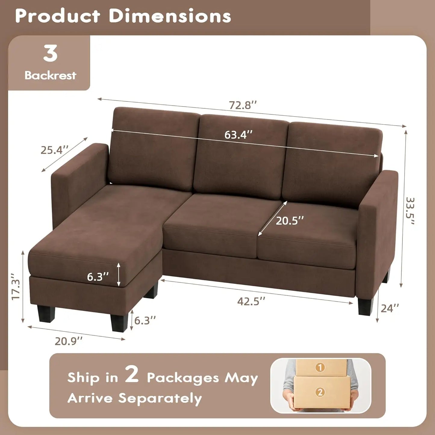 Sofa Couch, 3 Seat L-Shaped Sofa with Linen Fabric Ottoman Small Couch for Small Apartments, Living Room and Office (Dark Gray)