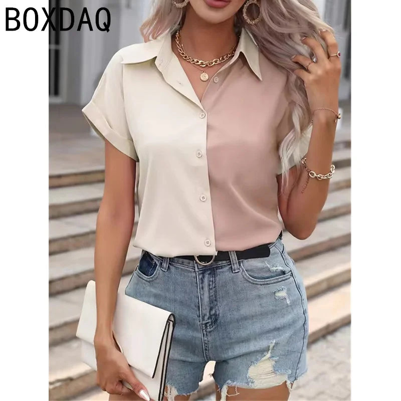 Classic Fashion Two Color Spliced Short-sleeved Shirt Women's Summer New Casual Buckle Slim Shirt Office Ladies's Work Shirt