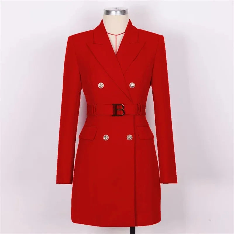 French Elegant Long Sleeve Suit Dress Waist-Cinching Short Size Professional Double-Buttoned Belted Coat