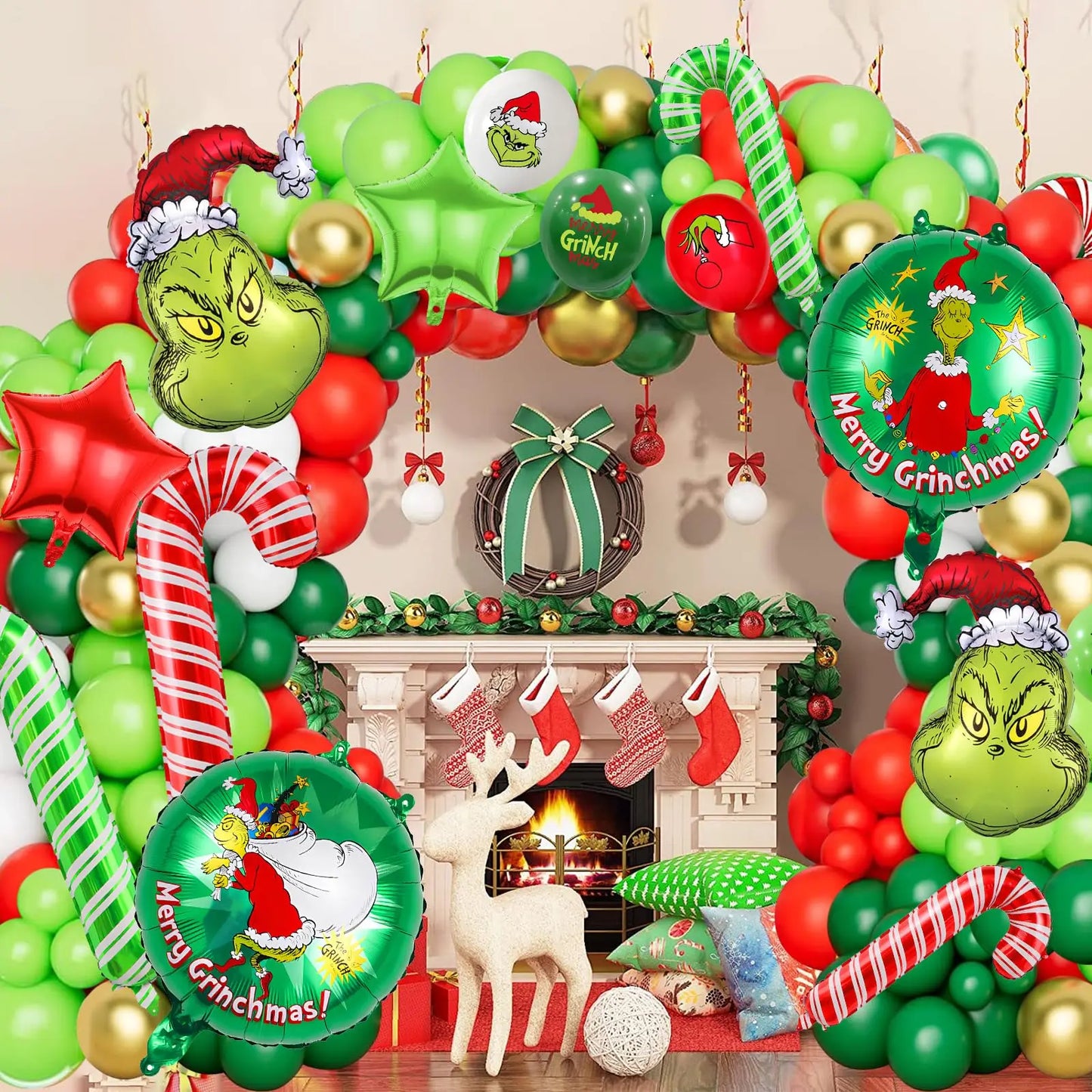 Christmas Balloon Garland Arch Kit Xmas Red Green Gold with Candy Cane Star Balloon for Christmas Party New Year Decoration