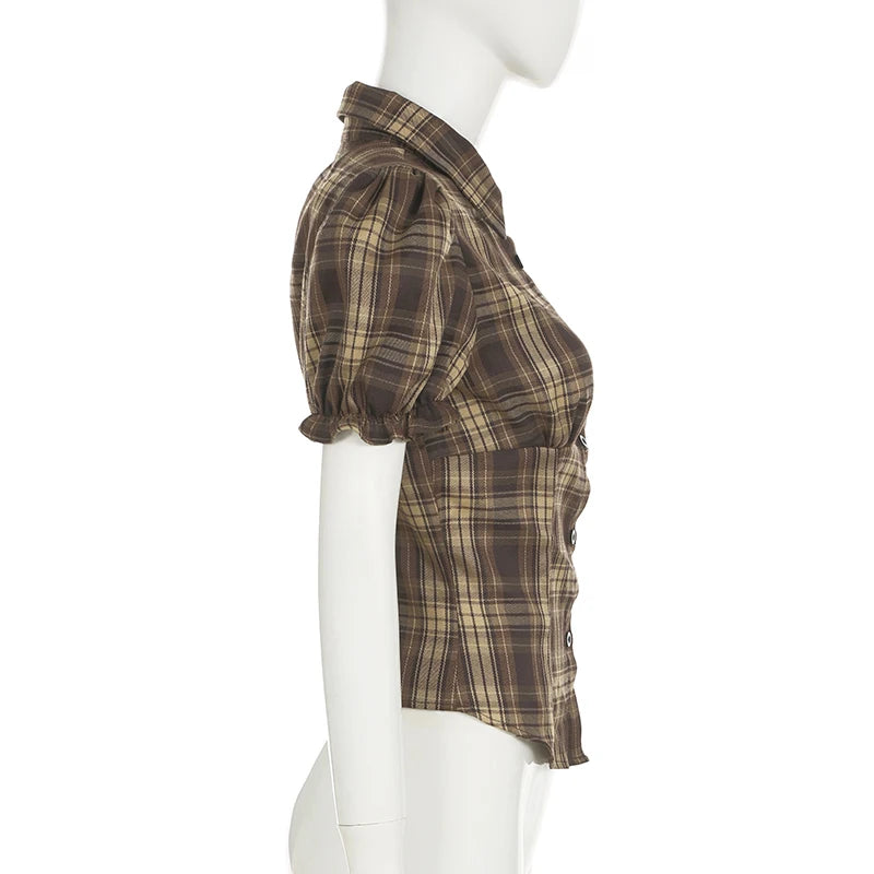 BIIKPIIK Vintage Plaid Short Sleeve Casual Shirts Gentle Sweet Turndown Collar Button Frill Puff Sleeve Shirt Spring Summer Tops
