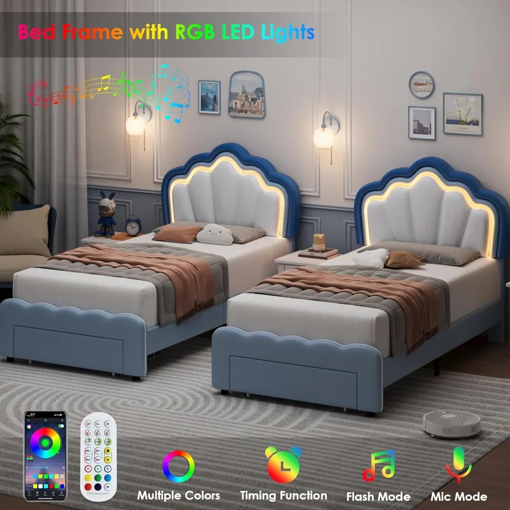 HOSTACK Twin Upholstered LED Bed Frame with Storage Drawers, Cute Boys Bed with Adjustable Lotus Headboard, Faux Leather Platfor