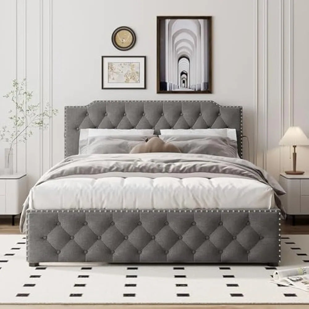 Queen Size Upholstered Platform Bed, Solid Wood Bedframe Linen Fabric with Twin Size Trundle and 2 Sets of USB Ports, Wooden Que