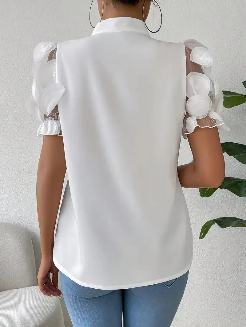 Summer Short Sleeve Blouses For Women 2025 Fashion Loose Bow O-neck White Tops Casual Ladies Shirts Elegant