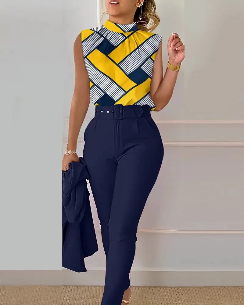 Women's Two Piece Set O Neck Sleeveless Top Pencil Pants Fashion Print With Belt Blouses Tank 2 Piece Set Female Women Clothing