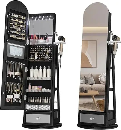 LED Mirror Jewelry Cabinet Standing, Lockable Jewelry Armoire with Arched Full-Length Mirror and Adjustable LED Lights, Space-S