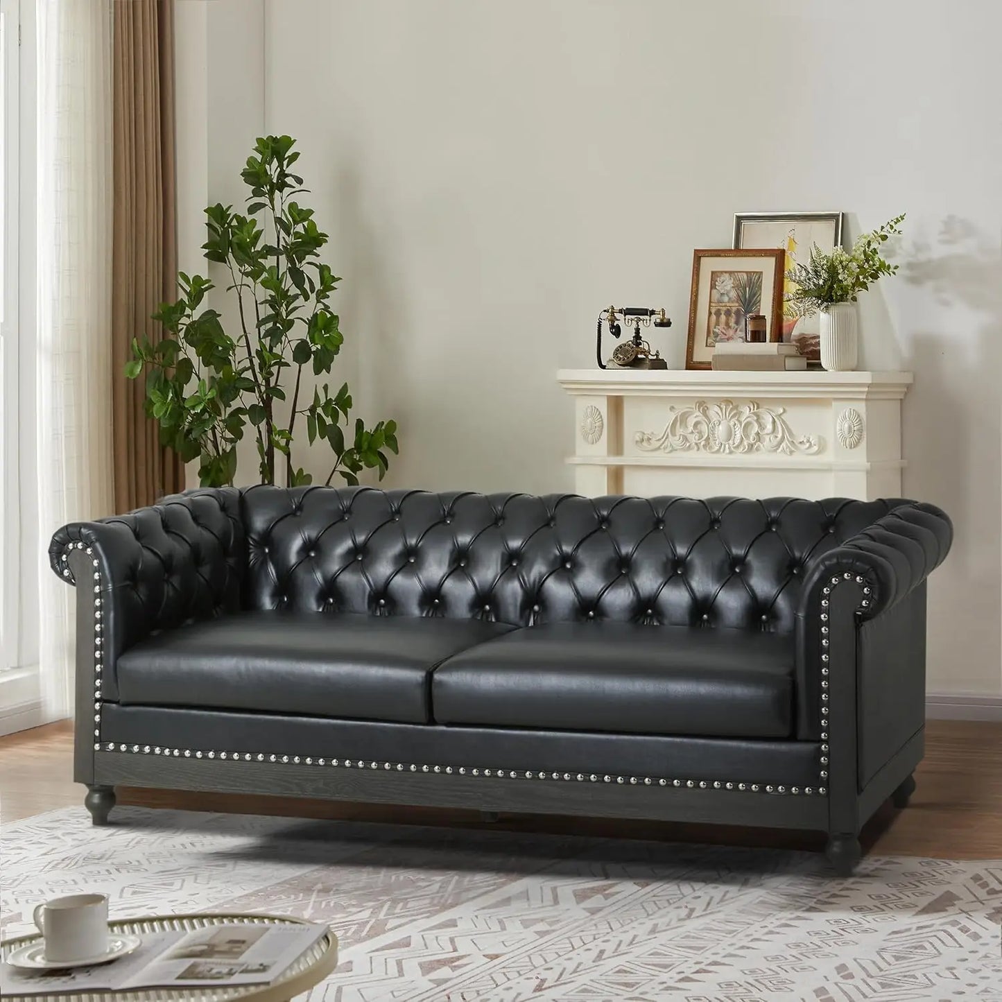 78.75 Upholstered Chesterfield Couch, Modern 3 Seater Sofa with Tufted Back and Square Arms Wood Leg, Nailhead Sofa for Living