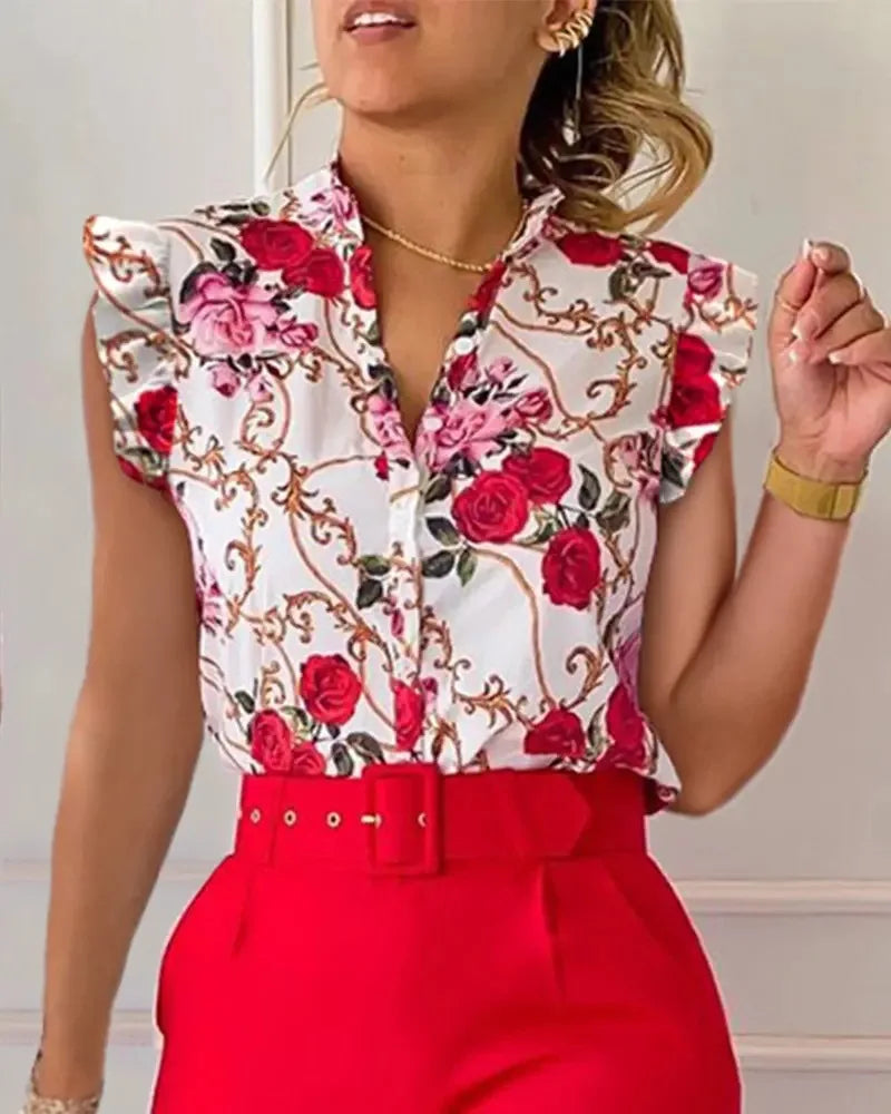 Summer Women's Flower Print Lotus Leaf Sleeve High Waist Pants Set Waist Belt Women's V-Neck Two Piece Set Work Suit Set