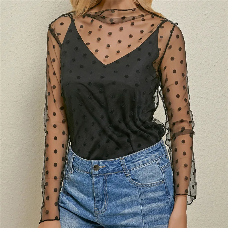 Women Mesh See Shirt Through Elegant Tops 2024 Hollow Transparent Fashion Exquisite Shirts Pentagram Dot Base Top