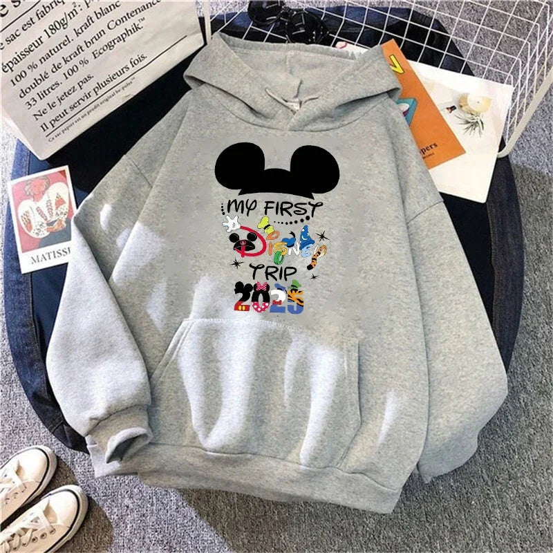2025 Disney Mickey Minnie Family Vacation Printed Hoodie Autumn My First Disney Trip Pullover Tops Women Casual Sweatshirt