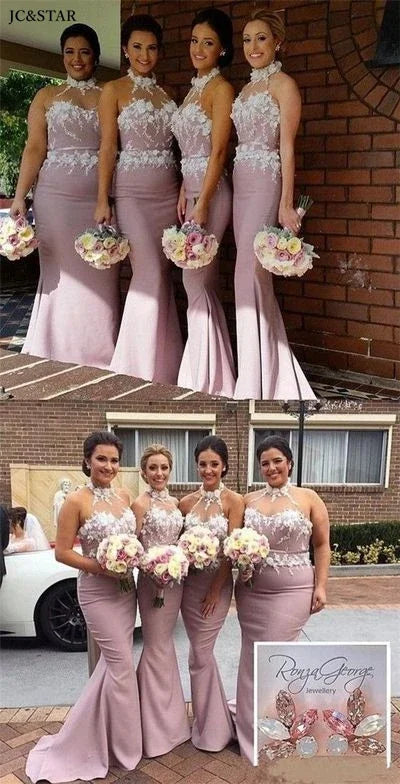 Dusty Pink Mermaid Long Bridesmaid Dress High Neck 3D Flower Lace Satin Hochzeitspartykleid Long African Vestido De Gala Prom