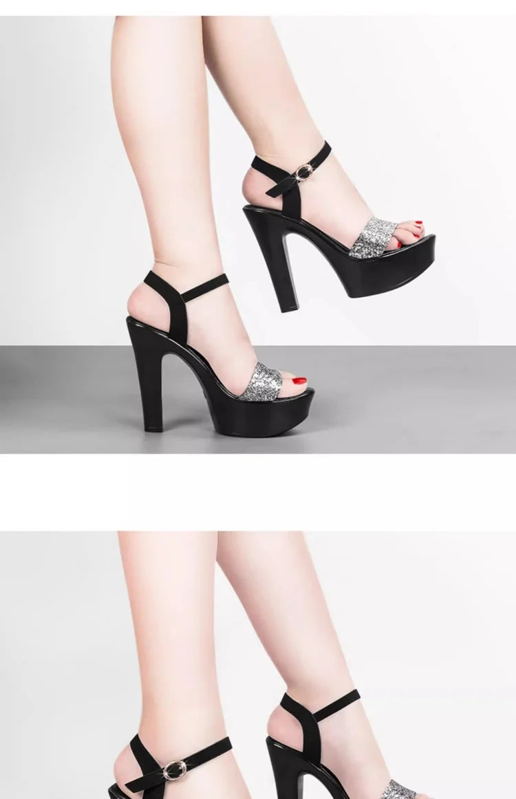 Elegant Bling Block High Heels Sandals
