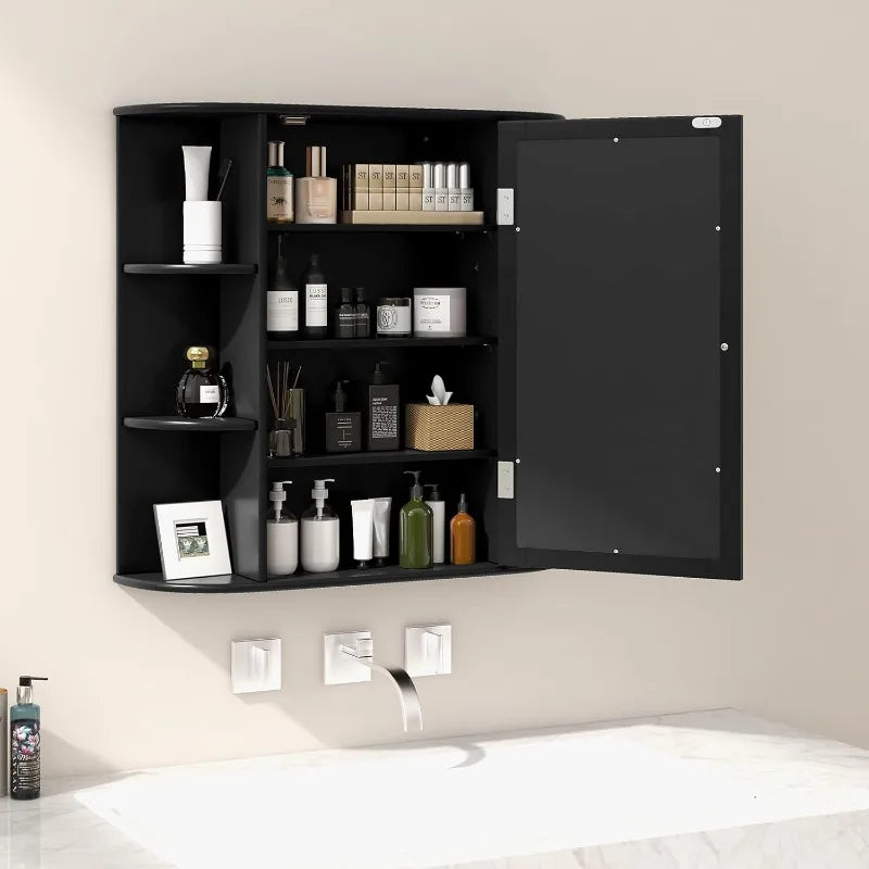 Tangkula Bathroom Medicine Cabinet with Mirror, Wall Mounted Home Storage with Door & 6 Open Shelves, (Black)