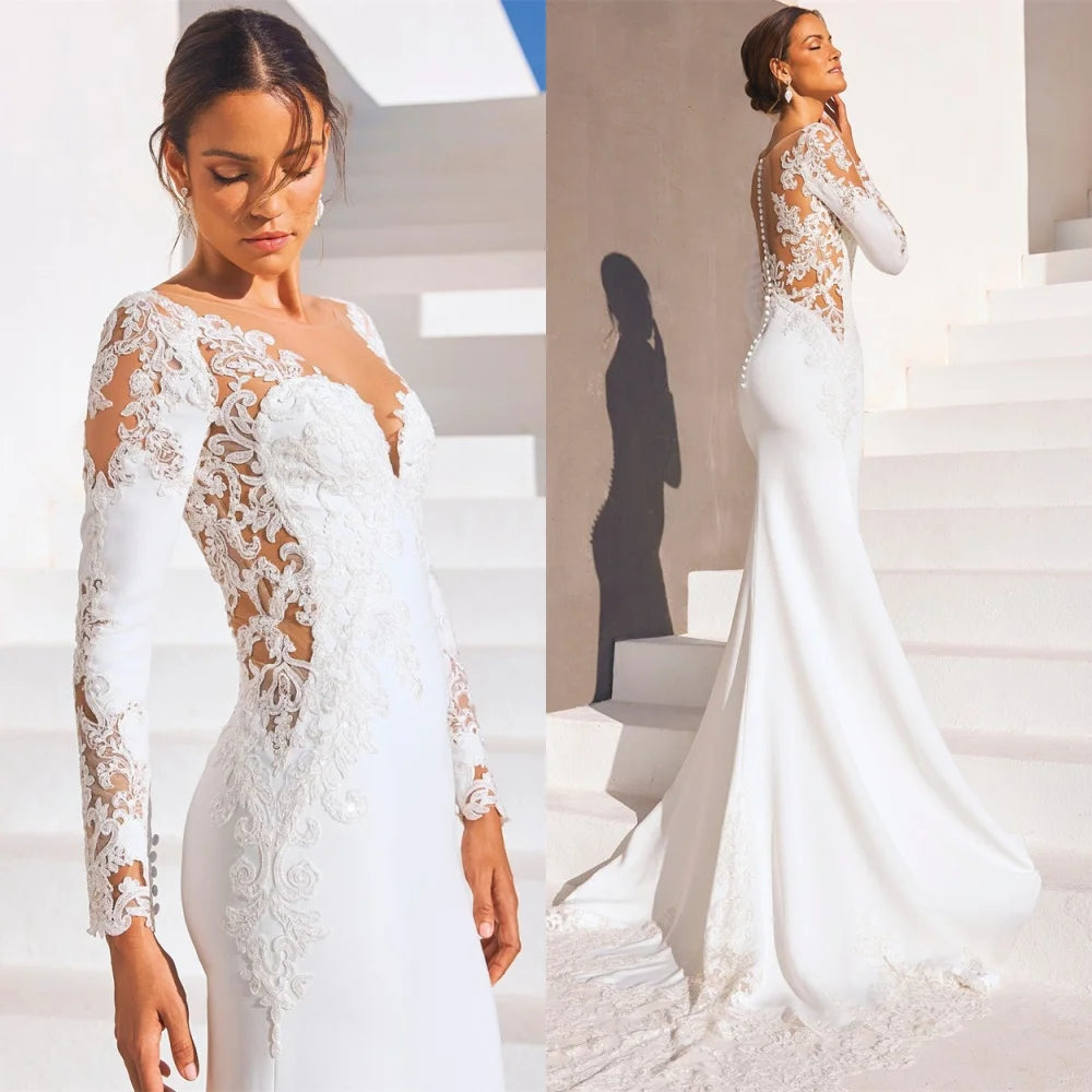 Customized Pure White Jersey Wedding Dress Delicate V-neck Long Sleeves Robe de mariée Classic Buttons Back Vestido De Novia