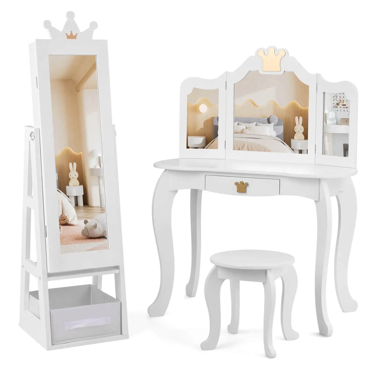 Kids Jewelry Cabinet w/ Full-Length Mirror Foldable Drawer Anti-toppling System