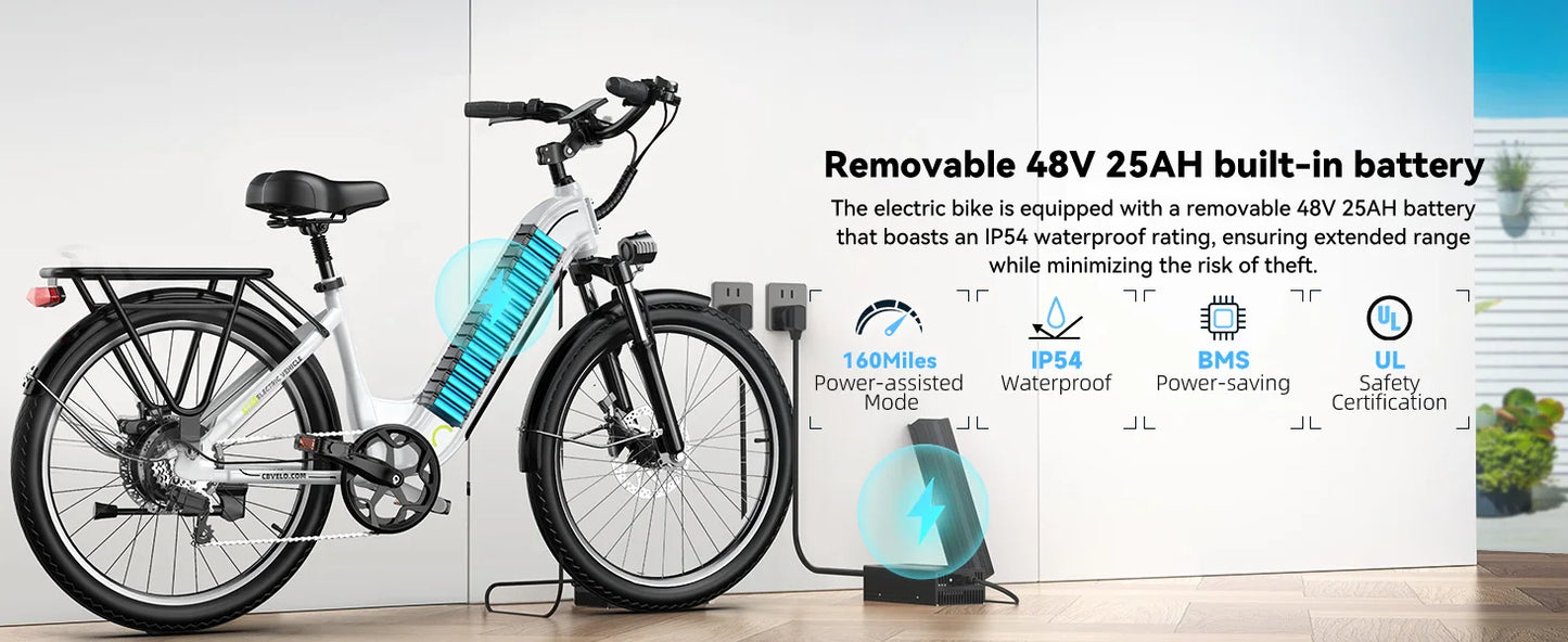 1000 Peak Electric Bike for Adults,up 80 Miles Removable Battery Ebike, 26" Electric E Bike with 7-Speed,Adult Electric Bicycles