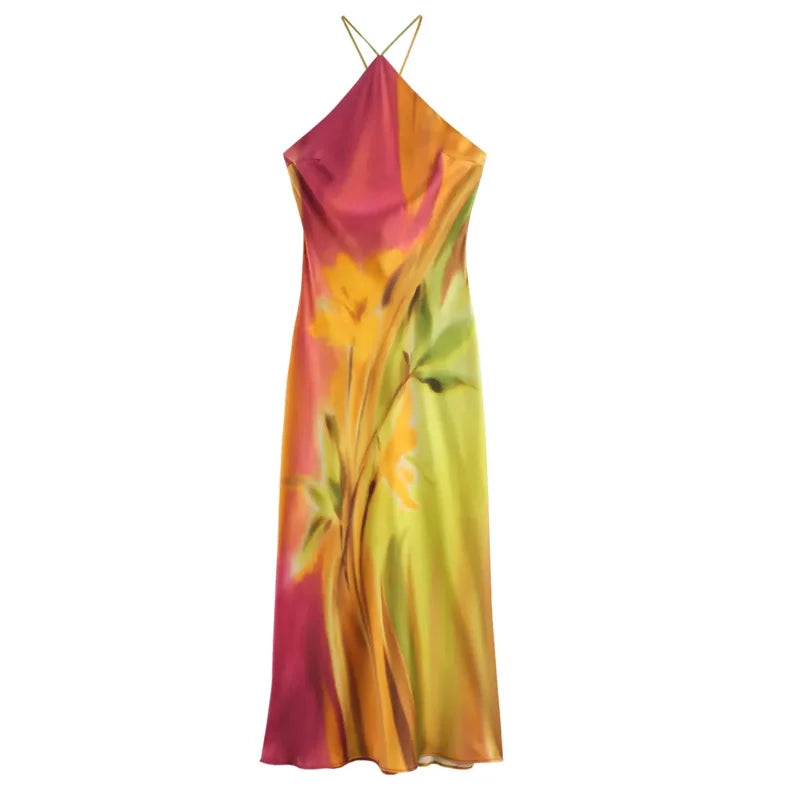 TRAF Women's Dress 2024 Print Halter Midi Dresses Summer Tie Dye Long Dresses For Women Backless Sexy Satin Holiday Dresses