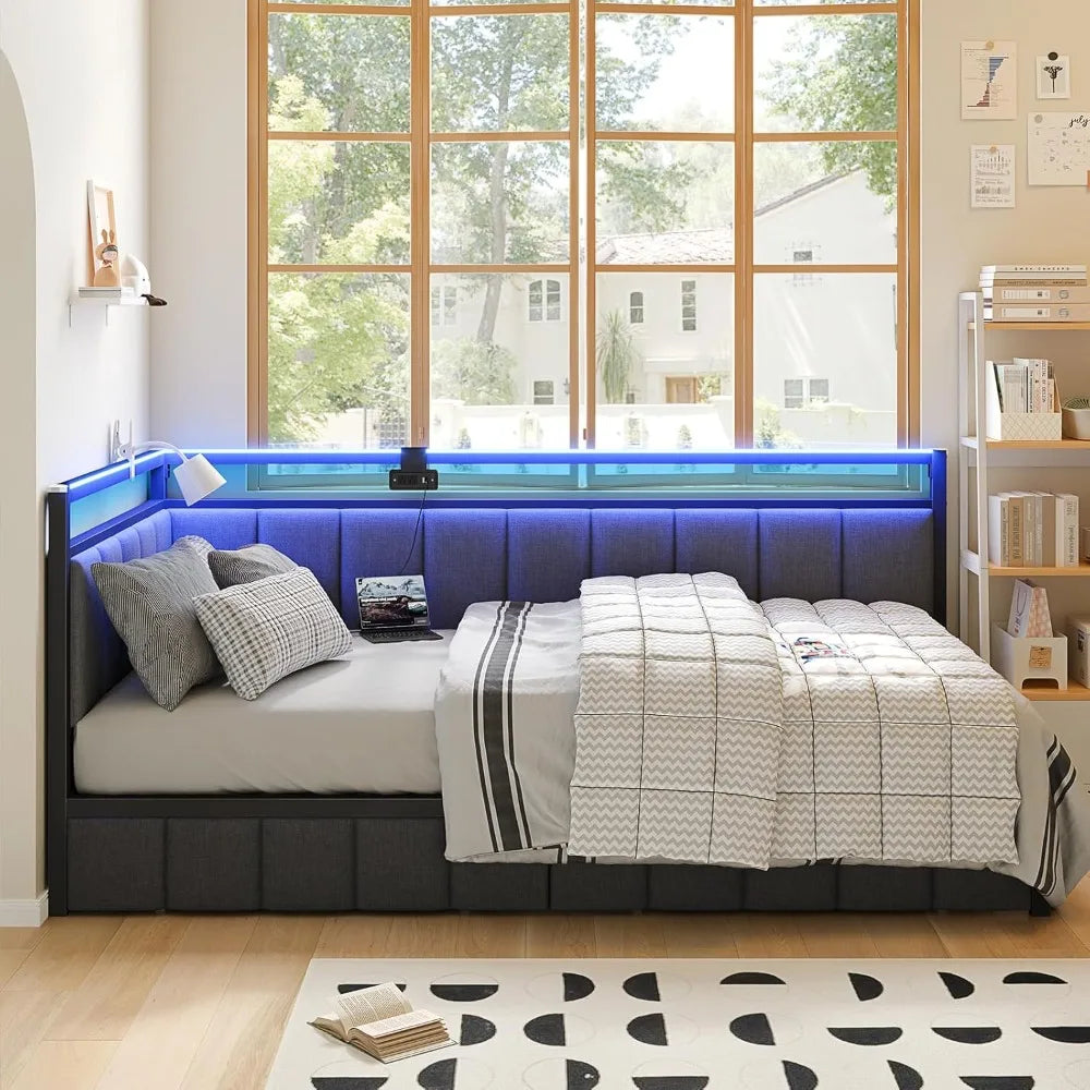 Hasuit Corner Bed Frame with Storage Drawers, Twin Daybed with Line Fabric Upholstered Fence, Kids Bed Unit with LED Light