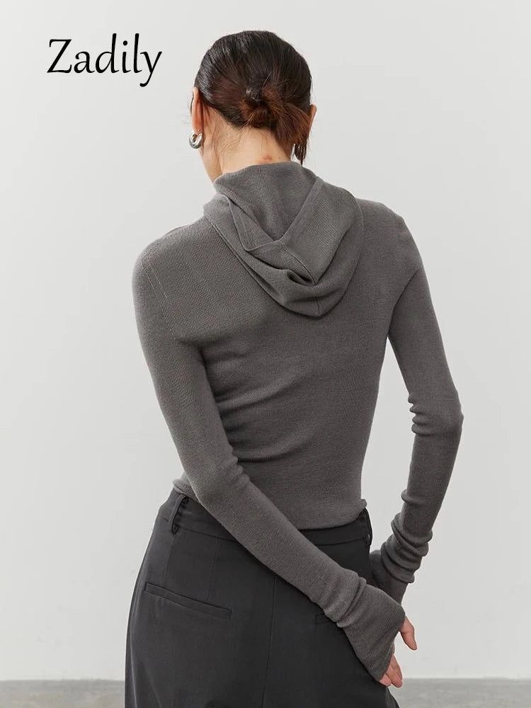 2025 Spring New Sport Style Long Sleeve Women Slim Knit Hoodies Minimalist High Strecth Ladies Pullovers Female Clothing Tops