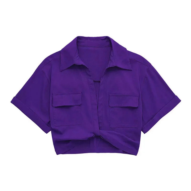 Women Safari Style Pockets Patch Knotted Linen Short Smock Blouse Lady Chic Kimono Cropped Shirt Blusas Tops