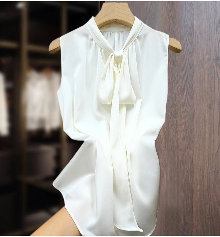 Fashion ice Silk Top Pink Acetate satin shirts blusas mujer de verano lace up bow tie Sexy elegant chiffon blouse рубашка винтаж