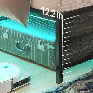 LED King Size Bed Frame with Charging Outlets & Sturdy Bed W/Upholstered Headboard, Heavy Duty Metal Slats, No Box Spring Needed