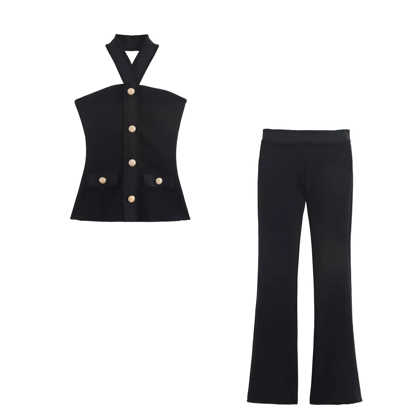 HH Women Suit Black Elasticity Neck Halter Button Design Sleeveless Backless Sexy Top+Elastic Waist Casual Slim Long Pant