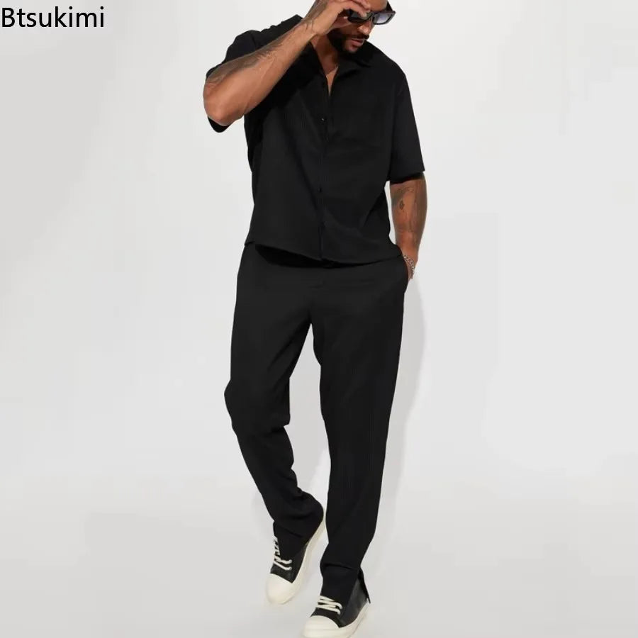 Fashion Mens Solid Color 2 Piece Suits Streetwear Trendy Loose Short Sleeve Lapel Shirt and Pants Outfits Men Summer Casual Sets