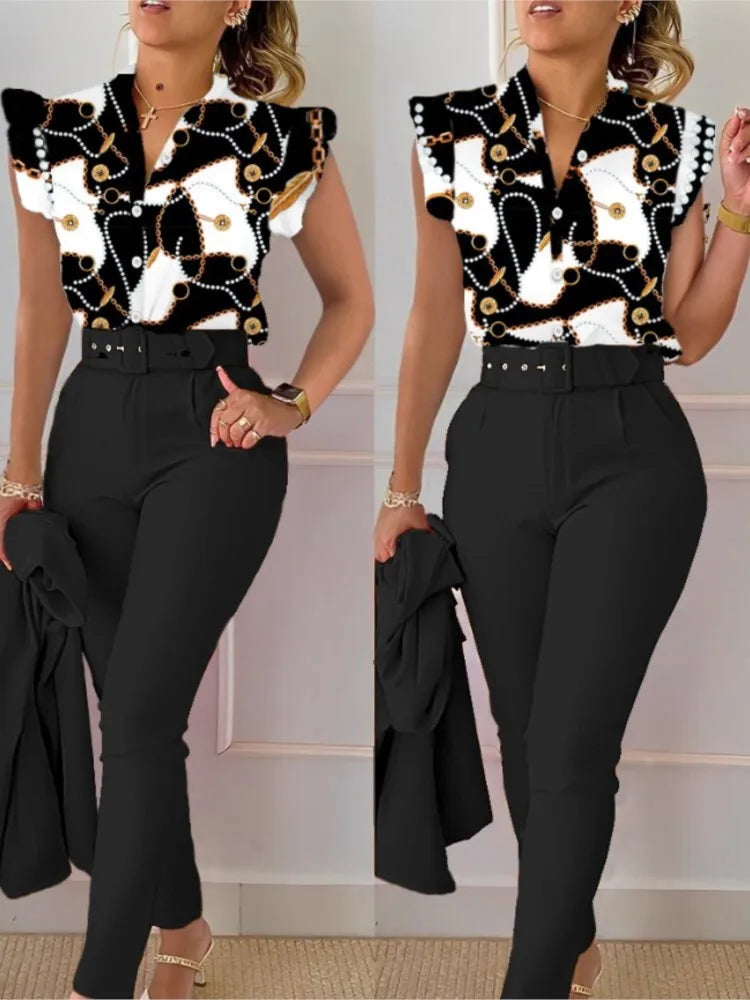 Elegant Womens Slim Two-Piece Sets Summer Fashion Print V Neck Button Flying Sleeve Shirt Top & Solid Long Pants Suits With Belt