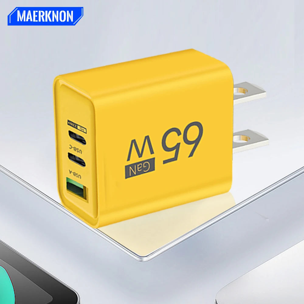 GaN 65W USB C Charger 3 Port PD Quick Charge Wall Plug Adapter For iPhone 15 14 Samsung Xiaomi Huawei EU US Travel Fast Charger