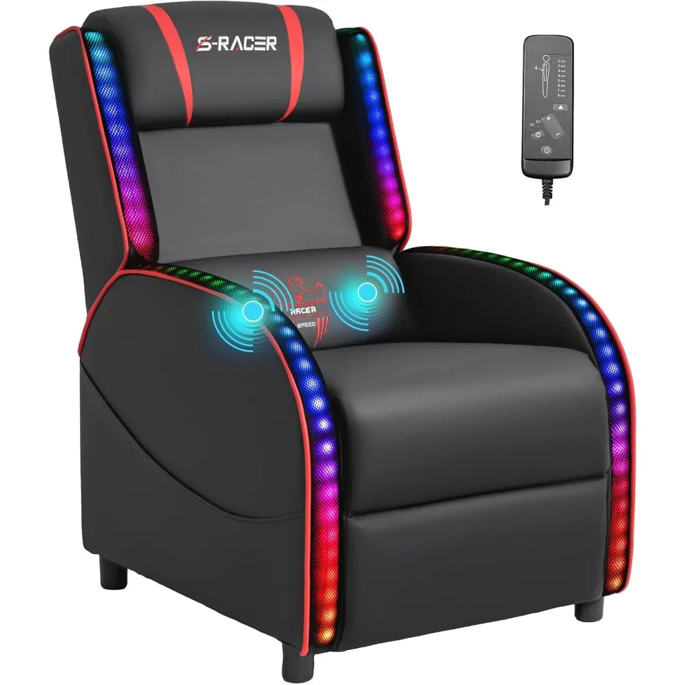 LED Gaming Massage Recliner Chair Racing Style Single Living Room Sofa Comfortable Ergonomic Home Theater Seating(Red)