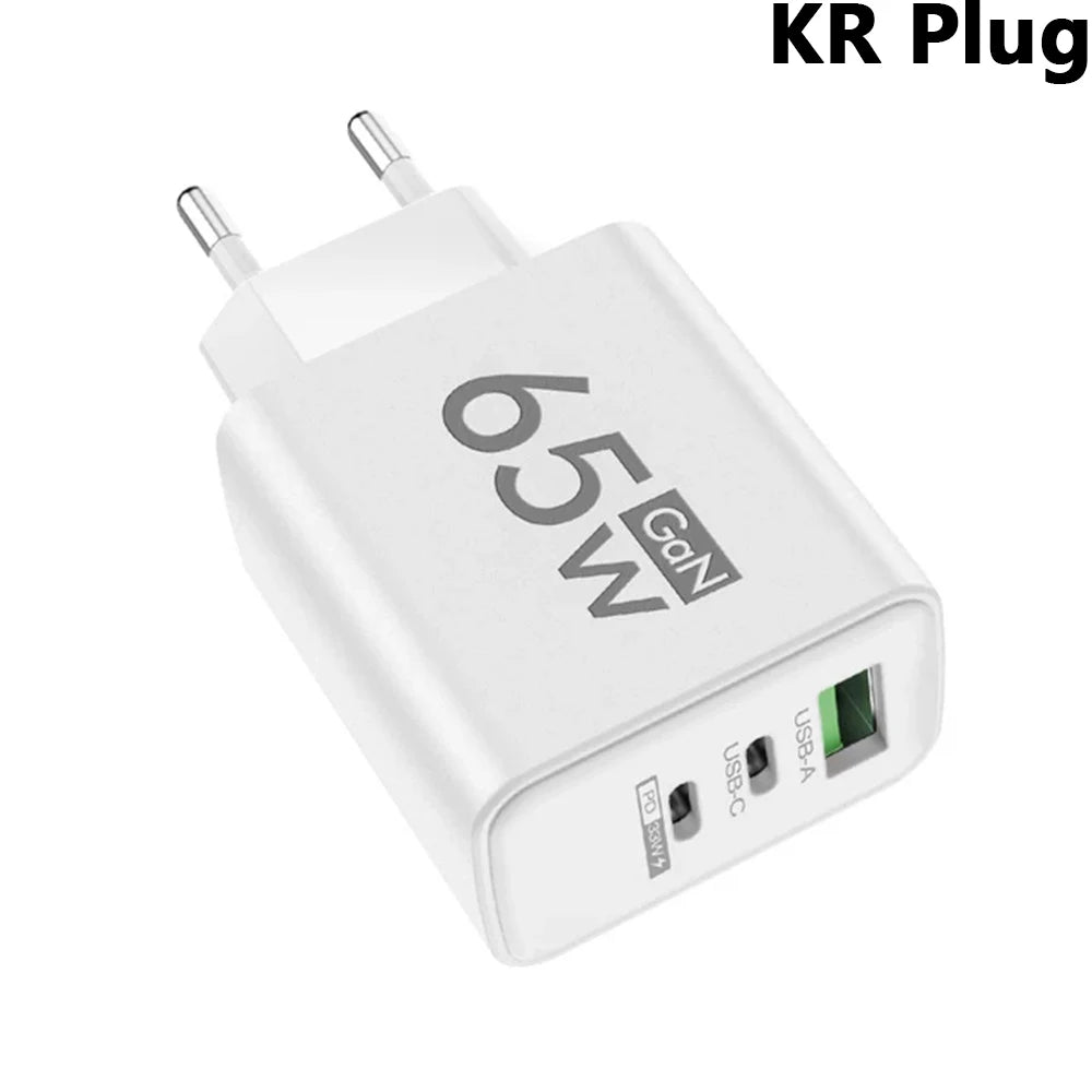 GaN 65W USB C Charger 3 Port PD Quick Charge Wall Plug Adapter For iPhone 15 14 Samsung Xiaomi Huawei EU US Travel Fast Charger