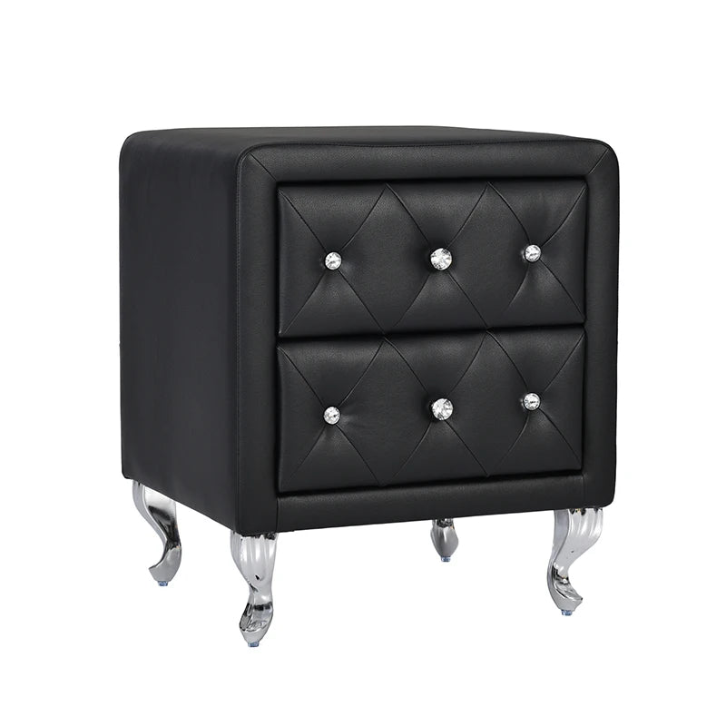 Elegant PU Nightstand with 2 Drawers and Crystal Handle,Fully Assembled Except Legs&Handles,Storage Bedside Table with Metal Leg