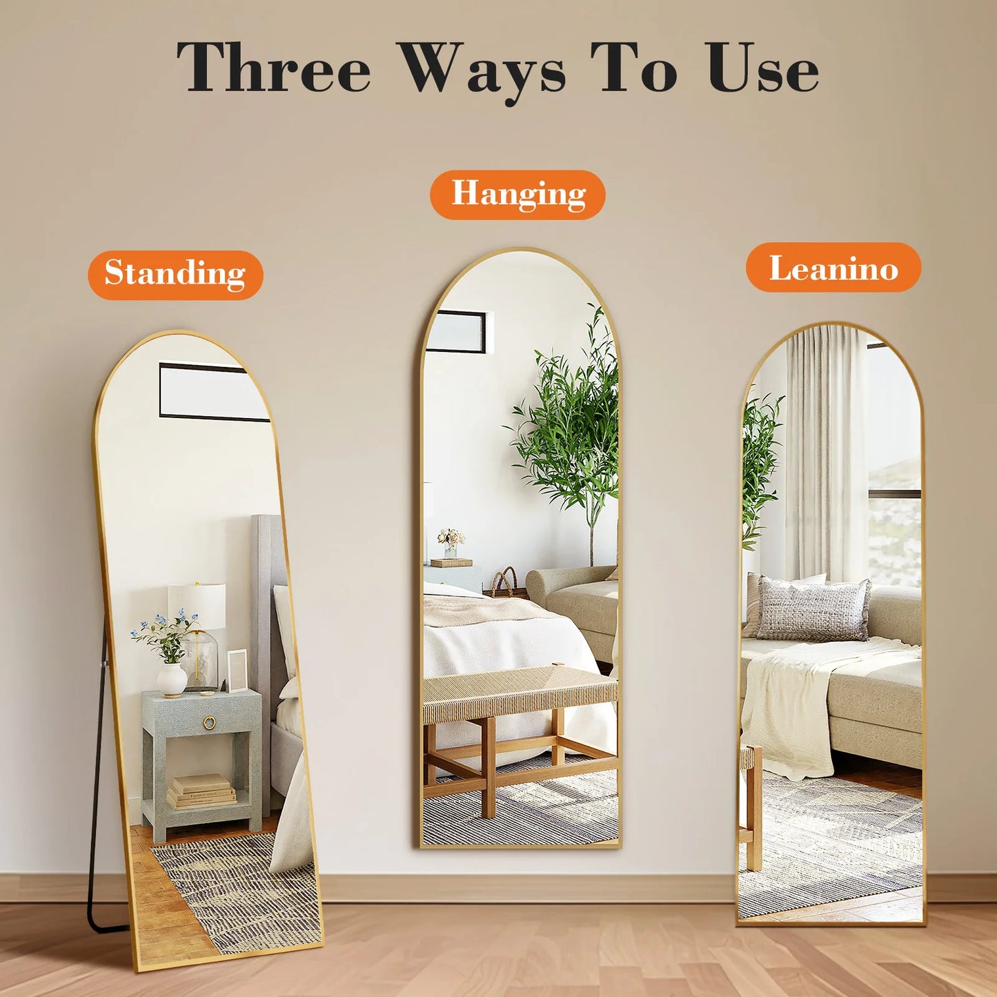 JHK-Full Length Arched Right Angle Mirror with Stand for Living Room, Sturdy Aluminum Alloy Frame, Bedroom Furniture, 59 "x 16"