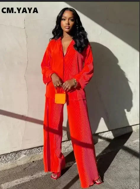 CM.YAYA Street Women's Set Long Sleeve Shirt Tops and Wide Leg Pants Elegant Tracksuit Two Piece Set Sweatsuit Fitness Outfits