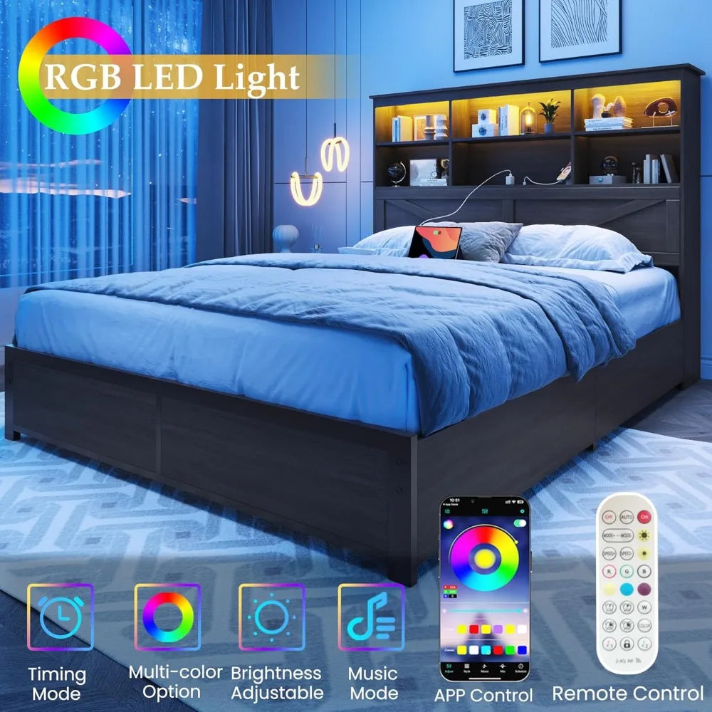 HISOFT Queen Bed Frame with Headboard, Queen Bed Frame with High Storage Bookcase, 4 Storage Drawers & LED & Charging Station,No