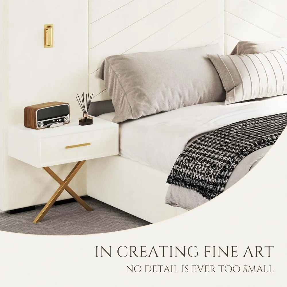 Luxurious King Platform Bed Frame, Velvet Upholstered Headboard with 2 Built-in Wall Sconces & Nightstands, Sturdy Metal & Solid