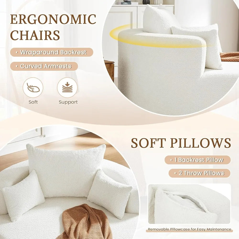 55.1” Oversized Round Swivel Barrel Chair, Large Upholstered Accent Sofa Chair with 3 Pillow,Comfy Chenille Cloud Circle Reading