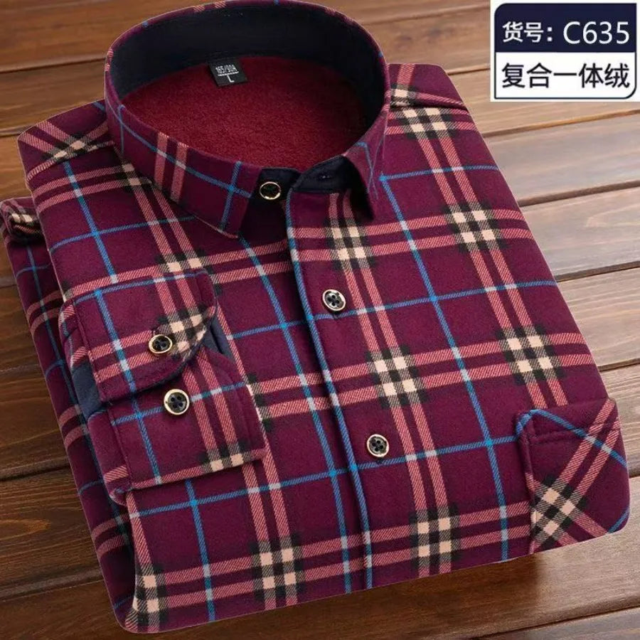 2025 Men's Autumn Winter Thick Warm Long Sleeve Plaid Shirt