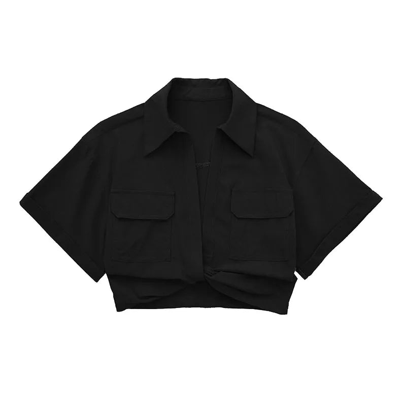 Women Safari Style Pockets Patch Knotted Linen Short Smock Blouse Lady Chic Kimono Cropped Shirt Blusas Tops
