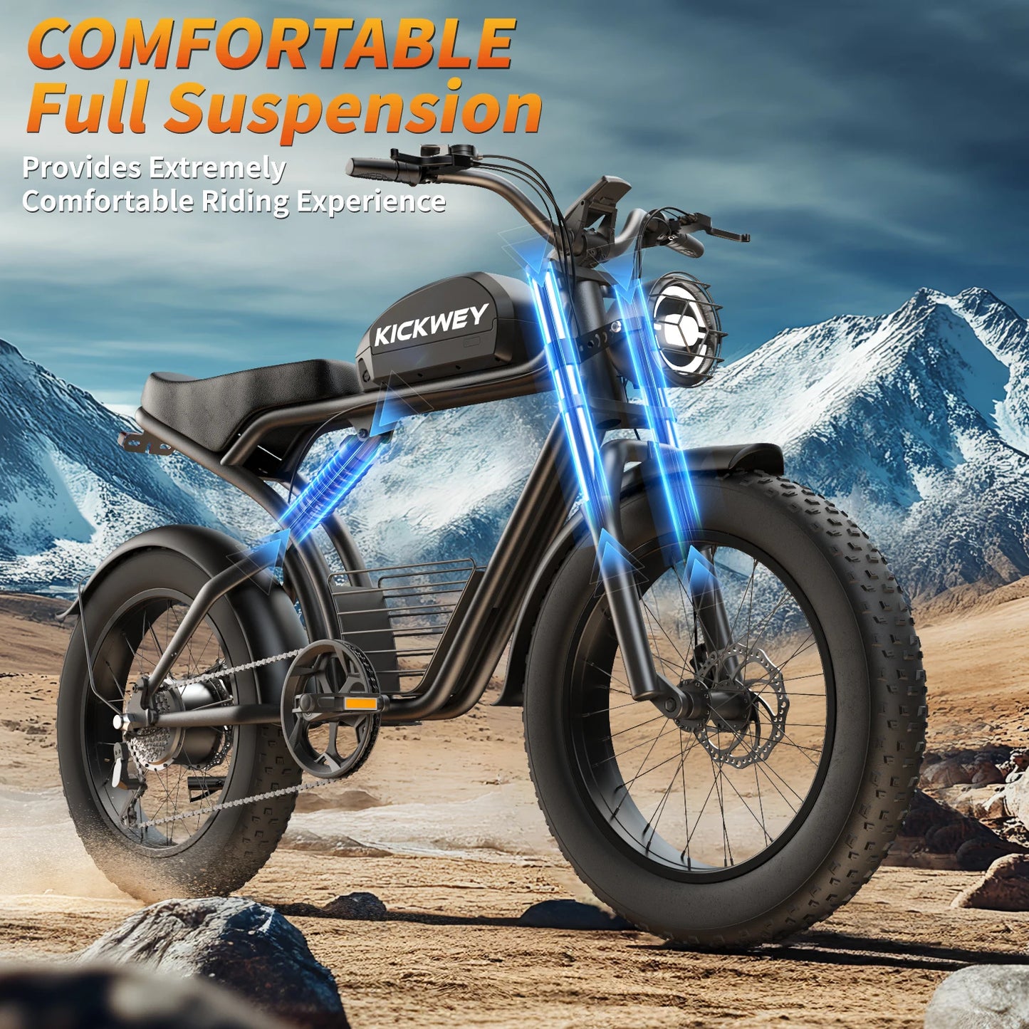Kickwey K7 Adult Electric Bike 1500W Motor 7-Speed Dual Disc Brakes Full Suspension Ebike 20x4 Wide Tire 50-Mile E Bike