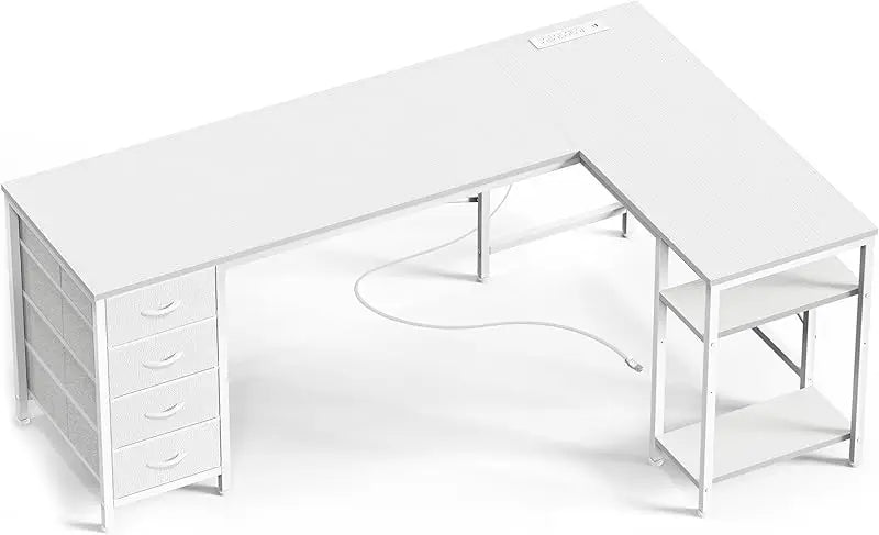 55 Inch L Shaped Desk with Fabric Drawers, Reversible Computer Gaming Desk with Power Outlets and USB-C Port, Adjustable Side S