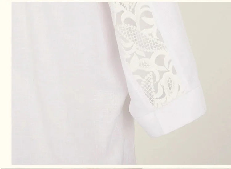 Sexy Lace Patchwork White Chiffon Button Up Shirt for Women Summer Casual Simple Loose Half Sleeve Ladies Tops Blouses Clothing