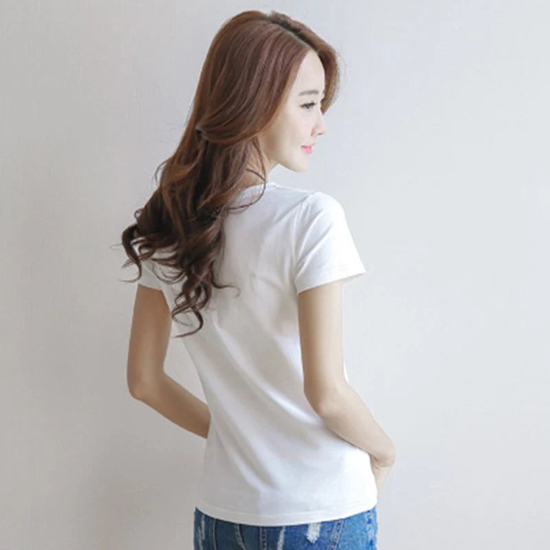 2024 Short T-Shirts Summer Women's Short Sleeve Round Neck Casual Blouse Shirts Solid Color Tops Black / White