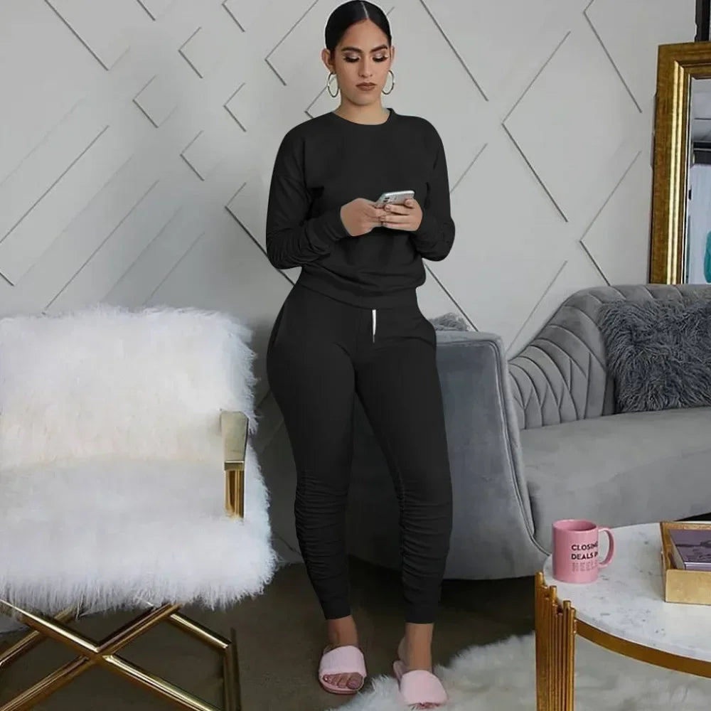 New round Neck Long Sleeve Slim Fit Warm Top Elastic Waistband Lace-up Trousers Simple Solid Color Sports Two-Piece Set