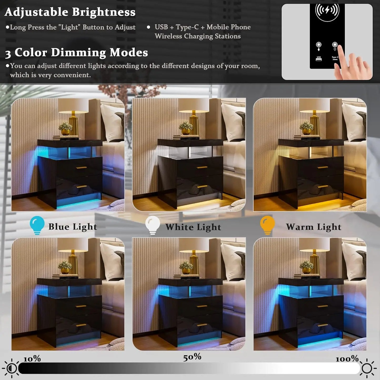 LED Nightstand with Charging Station High Gloss Bedside Table with 2 Drawers, Smart Night Stand with Auto Sensor Lights