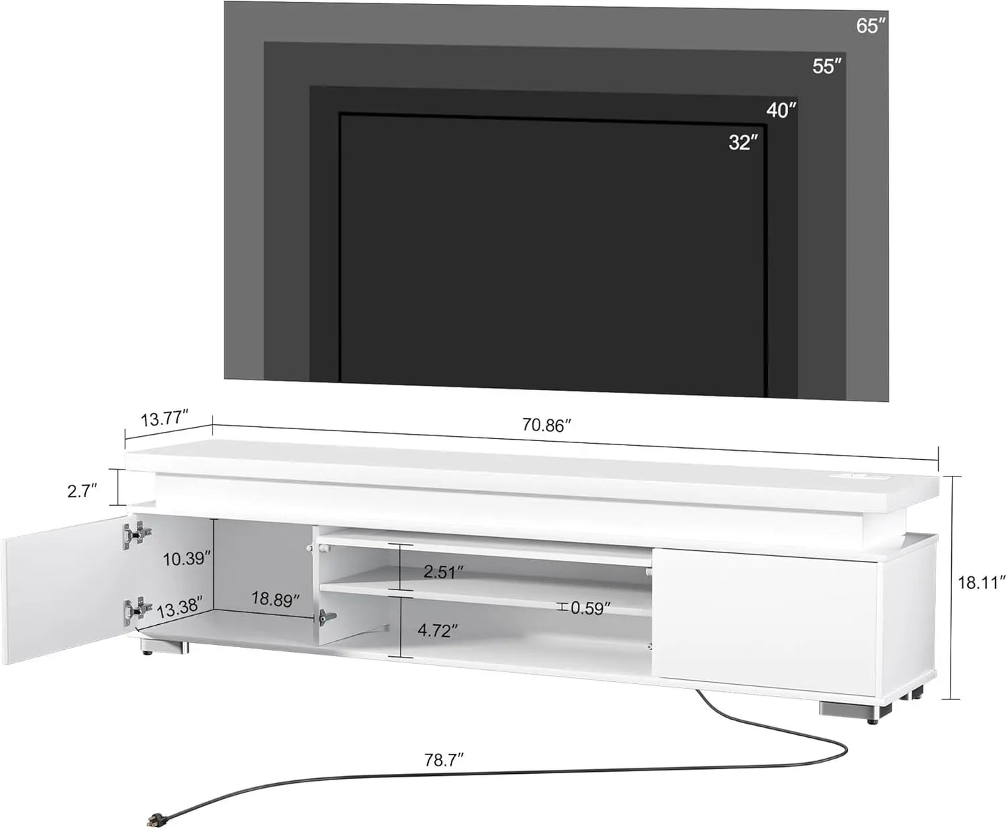 Low TV Stand, 80" TV, LED Lights, Entertainment Center, Storage, Power Outlet, High Gloss White, for Living Room & Bedroom